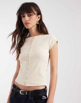 ASOS DESIGN ASOS DESIGN compact ribbed button up short sleeve cardigan in cream-Multi