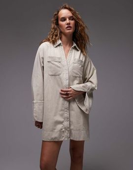 ASOS DESIGN ASOS DESIGN cord mini shirt dress with wide cuffs and oversized pockets in stone-Multi
