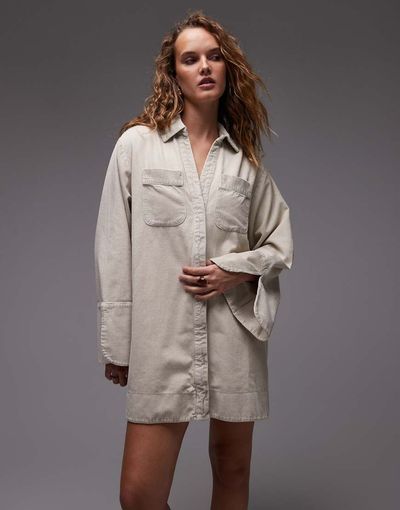 ASOS DESIGN ASOS DESIGN cord mini shirt dress with wide cuffs and oversized pockets in stone-Multi
