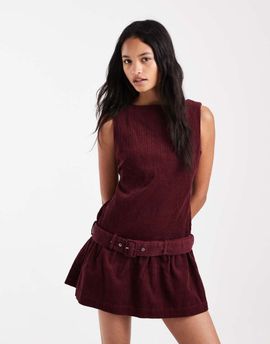 ASOS DESIGN ASOS DESIGN corduroy shift mini dress with belt detail in burgundy-pink