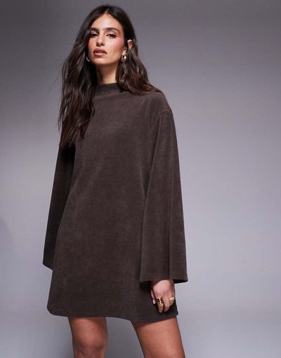 ASOS DESIGN ASOS DESIGN corduroy wide sleeve mini swing dress in chocolate-Brown