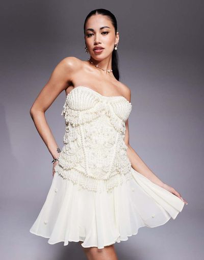 asos design beaded embellished bandeau midi dress in white Asos pearl dress