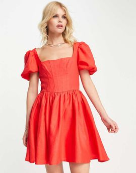 ASOS DESIGN ASOS DESIGN corset linen mini skater dress with puff sleeves in red