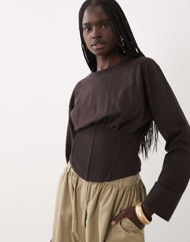 ASOS DESIGN ASOS DESIGN Corset styling long sleeve t-shirt in brown