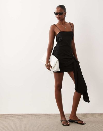 ASOS DESIGN ASOS DESIGN cotton-linen blend sarong wrap mini sundress in black