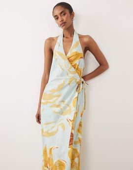 ASOS DESIGN ASOS DESIGN cotton linen halter neck wrap maxi sundress blue & yellow floral-Multi