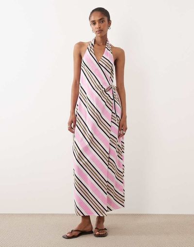 ASOS DESIGN ASOS DESIGN cotton linen halter neck wrap maxi sundress in pink stripes-Multi