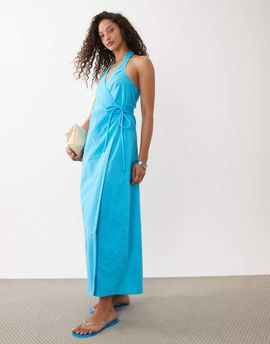 ASOS DESIGN ASOS DESIGN cotton linen halter neck wrap maxi sundress in turquoise-Blue