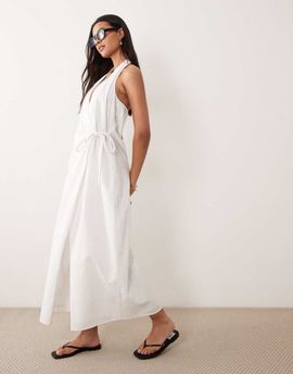 ASOS DESIGN ASOS DESIGN cotton linen halterneck wrap maxi sundress in cream-White