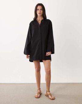 ASOS DESIGN ASOS DESIGN cotton linen mini shirt dress with wide cuffs and oversized pockets in black