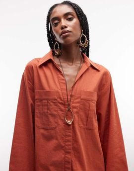 ASOS DESIGN ASOS DESIGN cotton linen mini shirt dress with wide cuffs and oversized pockets in rust-Red
