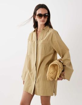 ASOS DESIGN ASOS DESIGN cotton linen mini shirt dress with wide cuffs and oversized pockets in stone-Neutral