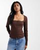 ASOS DESIGN ASOS DESIGN cotton rib knit button down square neck top with lace trim in chocolate-Brown - 1