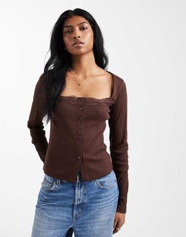 ASOS DESIGN ASOS DESIGN cotton rib knit button down square neck top with lace trim in chocolate-Brown