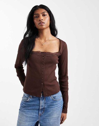 ASOS DESIGN ASOS DESIGN cotton rib knit button down square neck top with lace trim in chocolate-Brown