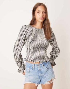 ASOS DESIGN ASOS DESIGN cotton shirred blouse in mono gingham-Multi