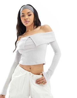 ASOS DESIGN ASOS DESIGN cozy knit fold over bardot top in gray