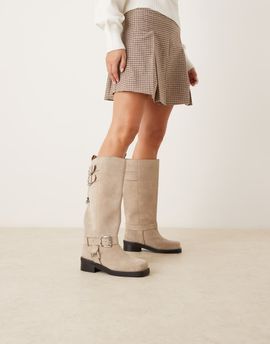 ASOS DESIGN ASOS DESIGN Crest suede harness moto knee boots in stone-Neutral