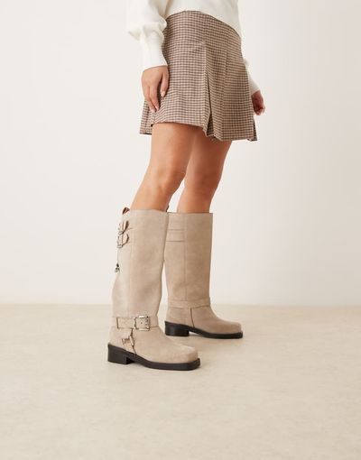 ASOS DESIGN ASOS DESIGN Crest suede harness moto knee boots in stone-Neutral