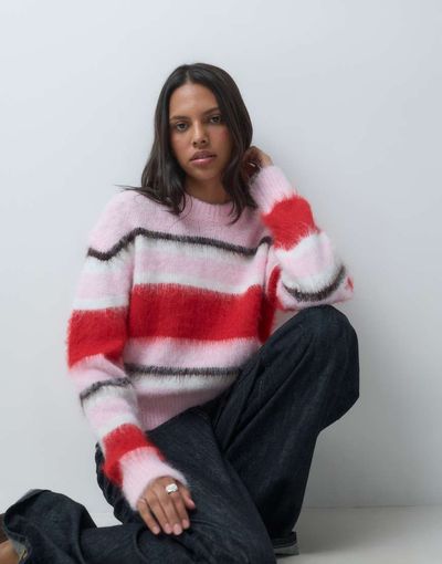 ASOS DESIGN ASOS DESIGN crew neck boxy sweater in brushed stripe in pink-MULTI