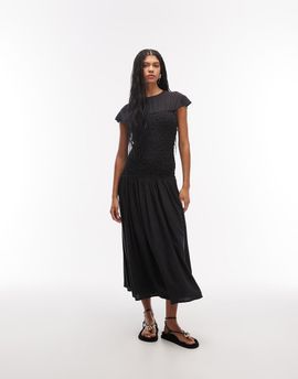 ASOS DESIGN ASOS DESIGN crew neck midi dress with popcorn shirred bodice in navy