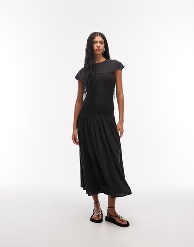 ASOS DESIGN ASOS DESIGN crew neck midi dress with popcorn shirred bodice in navy