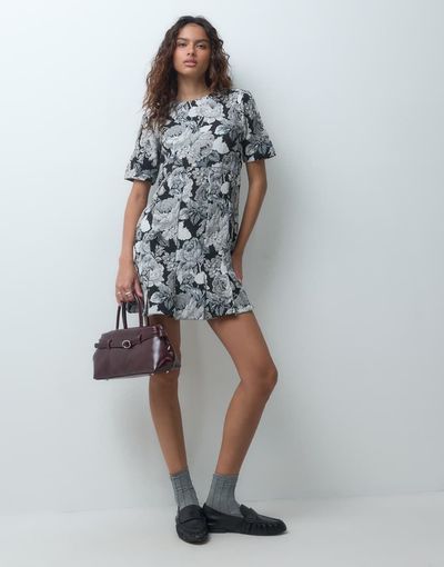 ASOS DESIGN ASOS DESIGN crew neck t-shirt mini dress with pleated hem in gray tapestry-MULTI
