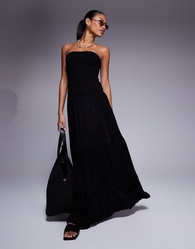 ASOS DESIGN ASOS DESIGN crinkle bandeau shirred bodice tiered maxi dress in black