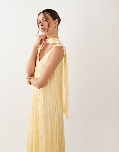 ASOS DESIGN ASOS DESIGN crinkle scoop neck maxi dress with scarf detail in yellow-No color