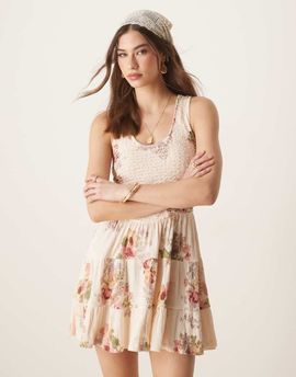 ASOS DESIGN ASOS DESIGN crinkle scoop neck tiered mini dress in vintage floral print-Multi