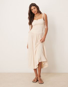 ASOS DESIGN ASOS DESIGN crinkle shirred bodice tie strap cami midi sundress in stone-Neutral