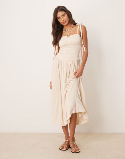 ASOS DESIGN ASOS DESIGN crinkle shirred bodice tie strap cami midi sundress in stone-Neutral