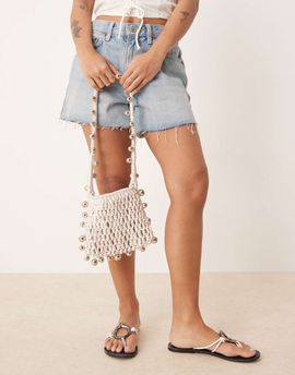 ASOS DESIGN ASOS DESIGN crochet bag with beaded strap in ivory-Silver