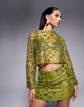ASOS DESIGN ASOS DESIGN crochet floral sequin mini skirt in olive green - part of a set