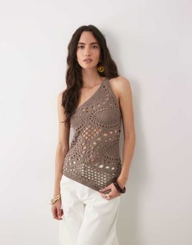 ASOS DESIGN ASOS DESIGN crochet knit asymmetric top in mocha-Brown