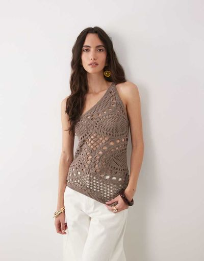 ASOS DESIGN ASOS DESIGN crochet knit asymmetric top in mocha-Brown