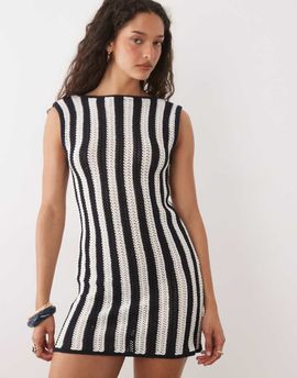 ASOS DESIGN ASOS DESIGN crochet knit cotton blend shift dress in mono stripe-Multi