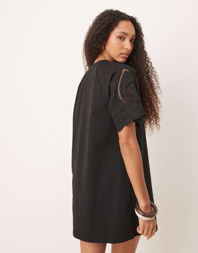 ASOS DESIGN ASOS DESIGN crochet lace sleeve T-shirt mini dress in black