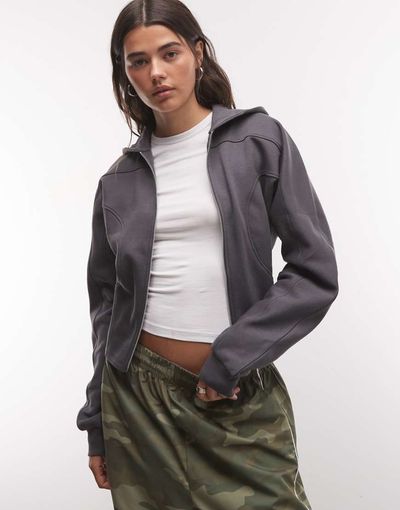 ASOS DESIGN ASOS DESIGN cropped panelled zip up hoodie in charcoal-Gray