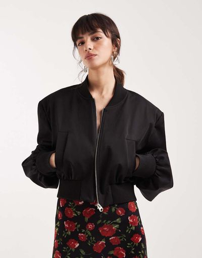 ASOS DESIGN ASOS DESIGN cropped shoulder pad bomber jacket in black