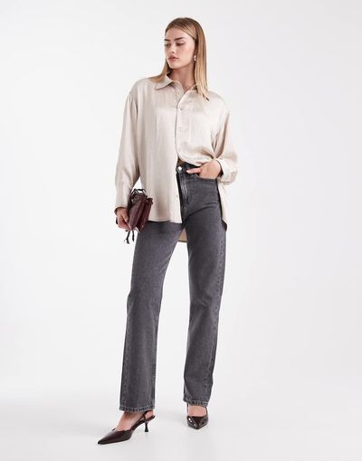 ASOS DESIGN ASOS DESIGN crushed satin contrast stitch longline shirt in ecru-White