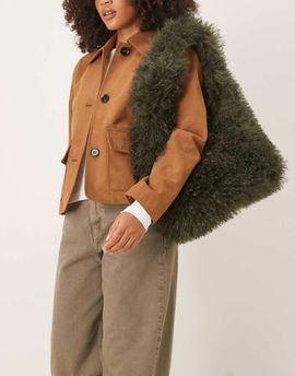 ASOS DESIGN ASOS DESIGN curly faux fur tote bag in khaki green-No color