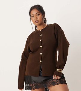 ASOS DESIGN ASOS DESIGN Curve knit structured crew neck cardigan with gold tone buttons in chocolate-Brown
