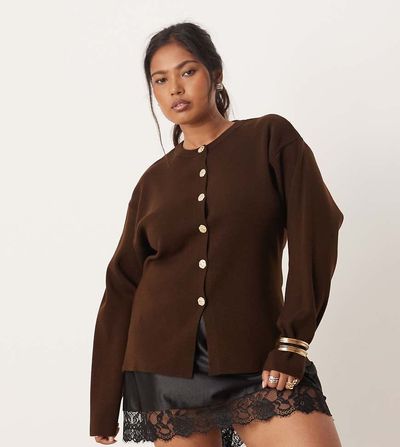 ASOS DESIGN ASOS DESIGN Curve knit structured crew neck cardigan with gold tone buttons in chocolate-Brown