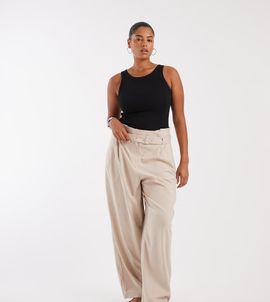 ASOS DESIGN ASOS DESIGN Curve Tailored paper bag waist pirate peg pants in sand-Neutral