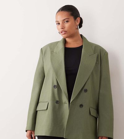ASOS DESIGN ASOS DESIGN Curve tailored strong shoulders double breasted blazer in khaki green-No color