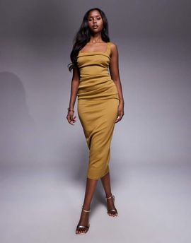 ASOS DESIGN ASOS DESIGN curved neckline midi dress with split in bronze in scuba-style fabric-Copper