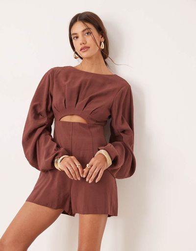 ASOS DESIGN ASOS DESIGN curved sleeves romper with pleating detail in chocolate-Brown