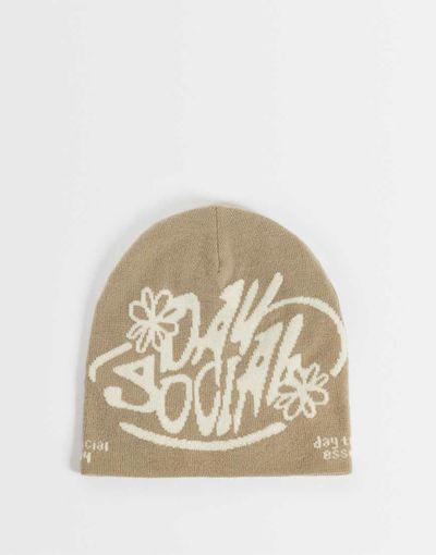 ASOS DESIGN ASOS DESIGN Day Social graphic skull beanie in neutral