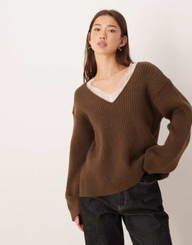 ASOS DESIGN ASOS DESIGN deep V-neck knit sweater with lace trim in brown